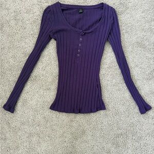 Purple Ribbed Long-Sleeve Henley Top